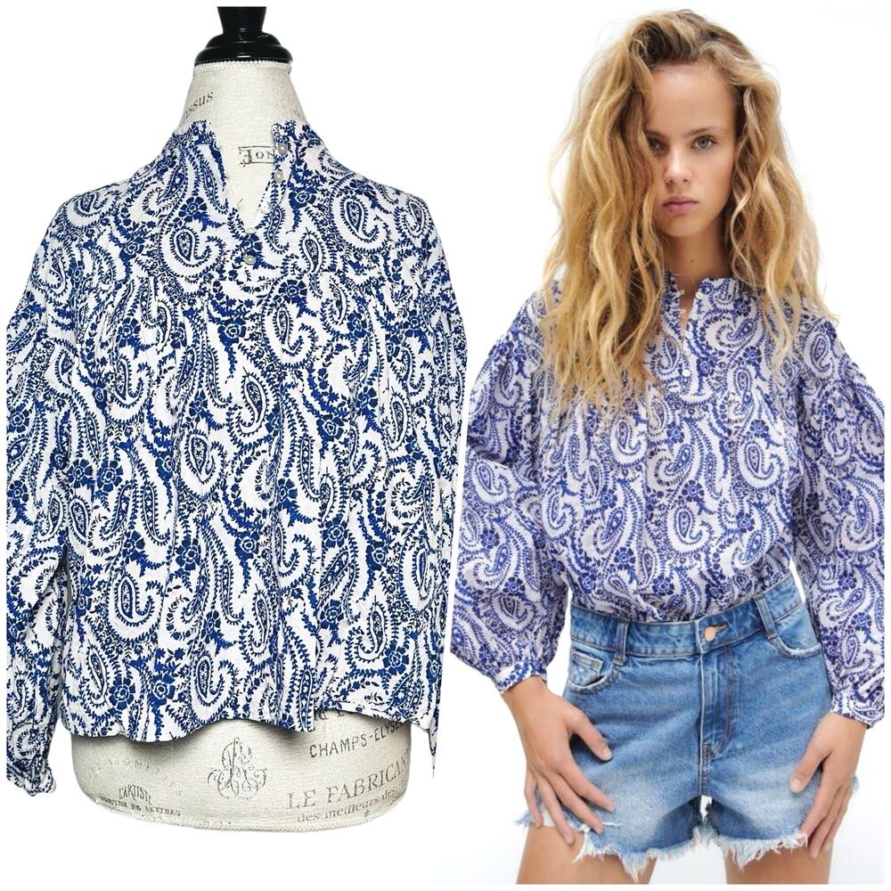 Zara | Women | White Blue Paisley Cotton Balloon Sleeve Babydoll Top | Large